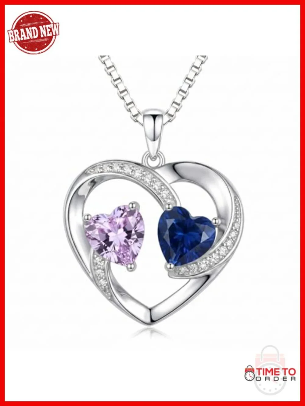 Double Heart Birthstone Pendant Necklace 18k White Gold Plated Adjustable Chain